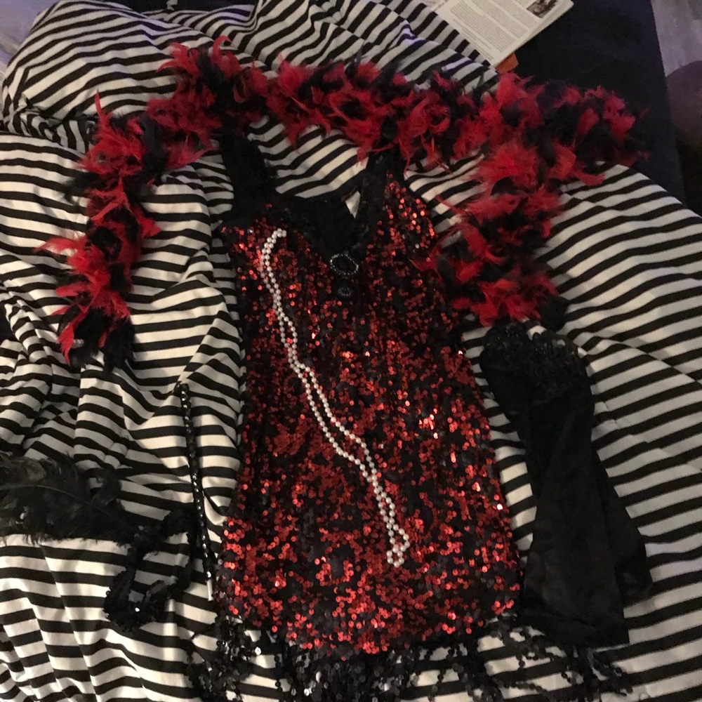 Flapper Costume w/ Pearls, Cig Holder, Boa, Gloves